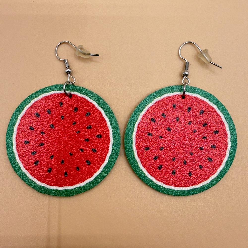 Watermelon Wood Dangle Earrings Red Green Fruit Summer Statement Novelty Gift